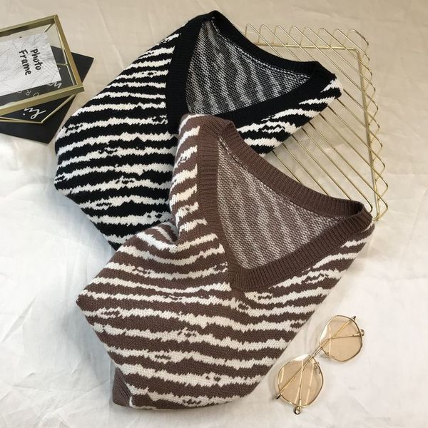 

women's vests zebra pattern knitted waistcoat loose and thin, fashionable inside outside wear d32p, Black;white