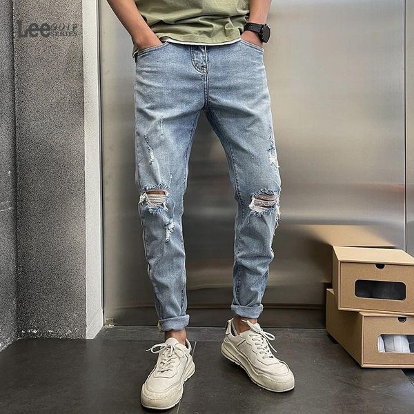 

men's jeans ripped mens trendy brand straight ankle length casual pants korean all-match social guy slim feet teenager pencil trousers, Blue