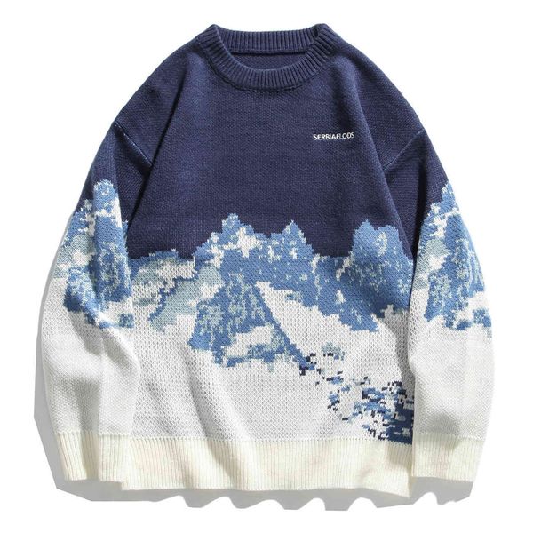 

men's sweaters hip hop streetwear snow mountain knitted sweater men women autumn harajuku oversize loose pullover clothing outwear pssw, White;black