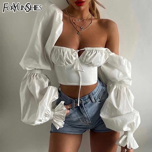 

white ruched elegant blouse women balloon long sleeve fairy princess shirt summer corset crop prom fashion blusas 210709