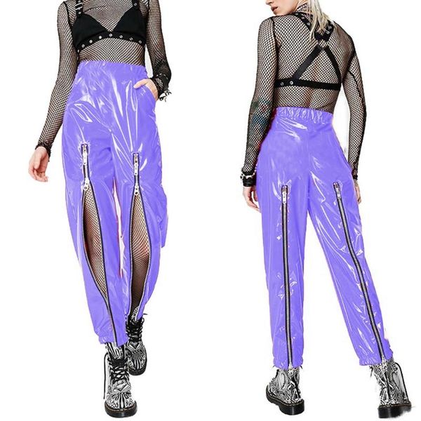 

women's pants & capris women latex faux pvc leather 2021 summer korean student high waist loose wide leg trousers harem zipper split, Black;white