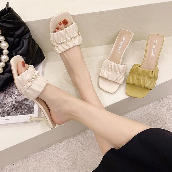 

female shoes womens slippers outdoor thin heels slides heeled mules string bead shallow 2021 soft high pumps elegant pu hoof, Black