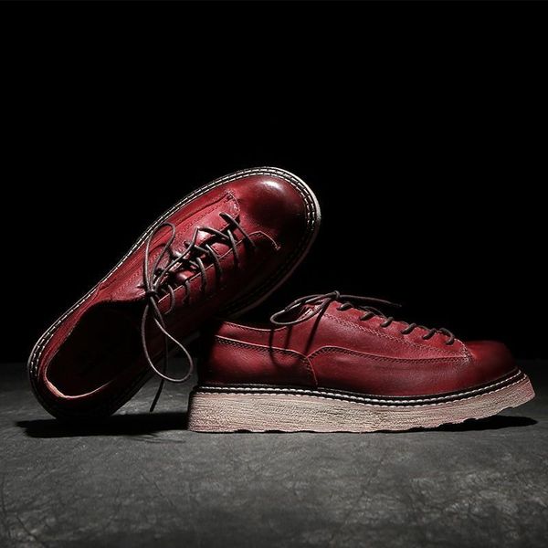 

dress shoes fashion brand men autumn business round toe 100% genuine leather england style vintage lace up platform 7spb, Black