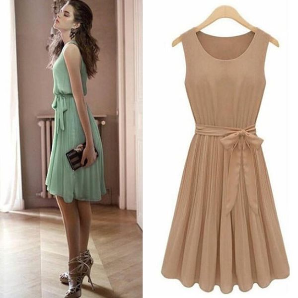 

casual dresses women summer sweet pleated dress female vintage elegant sleeveless loose office lady o-neck belt dresse, Black;gray