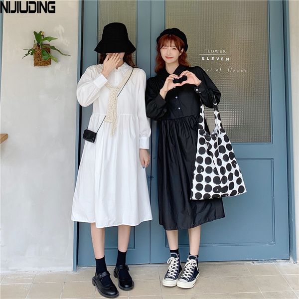 

autumn high waist slim cotton dress lady vintage solid loose long sleeve turn down collar mid calf dresses female 210514, Black;gray