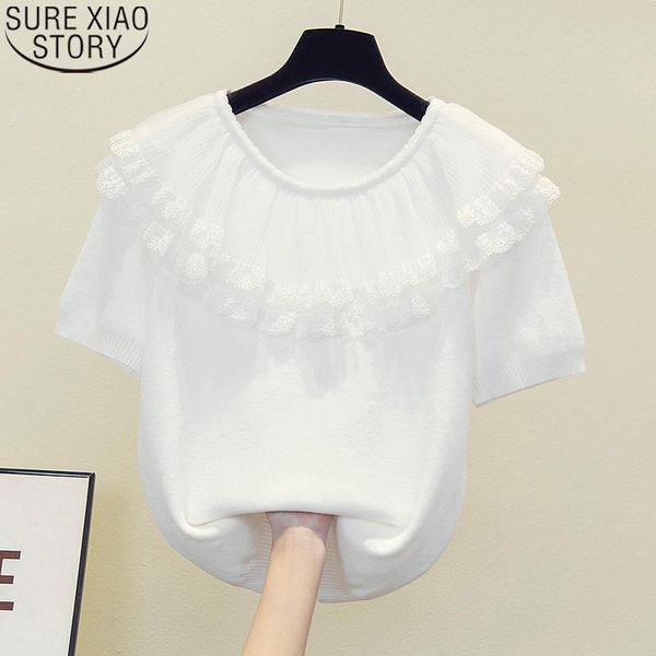 

women's blouses & shirts plus size women clothing 2021 summer lace blouse knitted o-neck loose short sleeve 13938, White