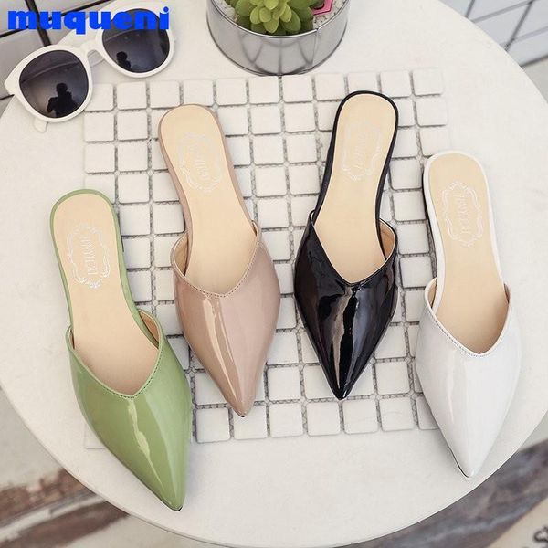 

slippers designers spring and summer 2021 faux leather women's flat sandals with pointed toes fashion trend, Black