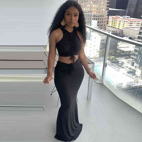 

neon orange ruched drawstring sleeveless tank and high waist mermaid maxi skirt for women elegant body-shaped two pcs sets, Gray