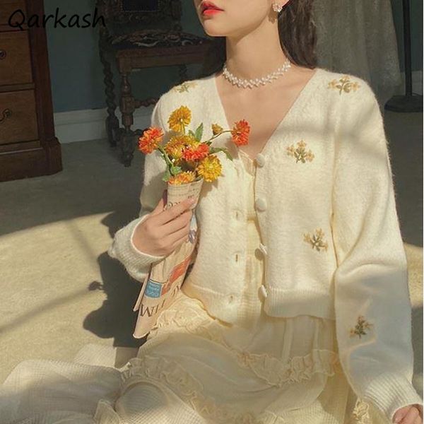 

women's knits & tees cardigans women v-neck embroidery tender ladies elegant female fashion floral casual all-match comfortable cropped, White