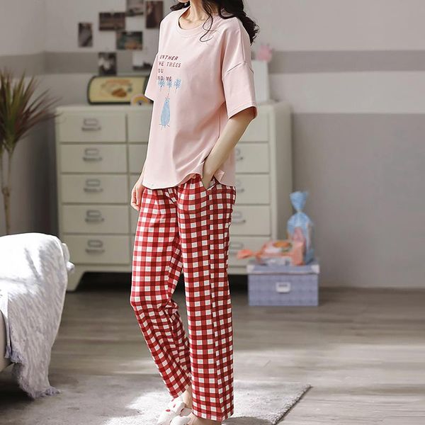 

women's tracksuits lovely girls sleepwear women fashion print sets wear short sleeve round neck loungewear pocket home sleep set +pants, Gray