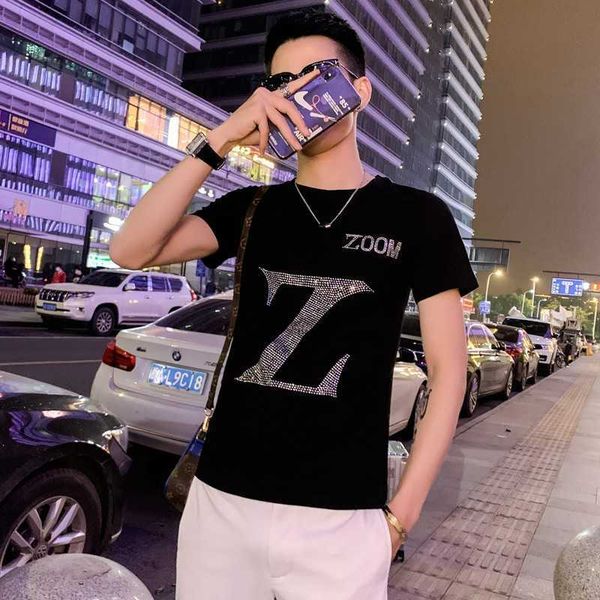 

w0512 t-shirt summer spirit boy trend drill half sleeve t-shirt, White;black