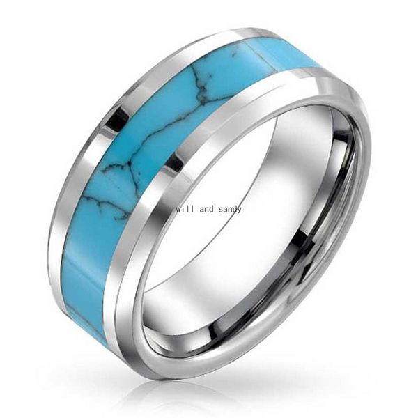 Semplice acciaio inossidabile turchese naturale anello fascia dito donna uomo intarsio pietra naturale anelli gioielli di moda Will e Sandy