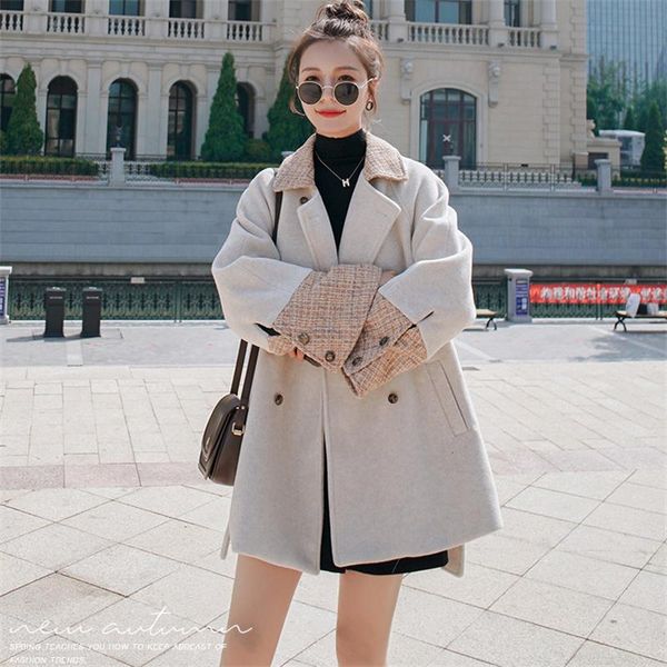

women's wool & blends stitching woolen beige coat korean version 2021 autumn winter casual gentle all-match lady femme, Black
