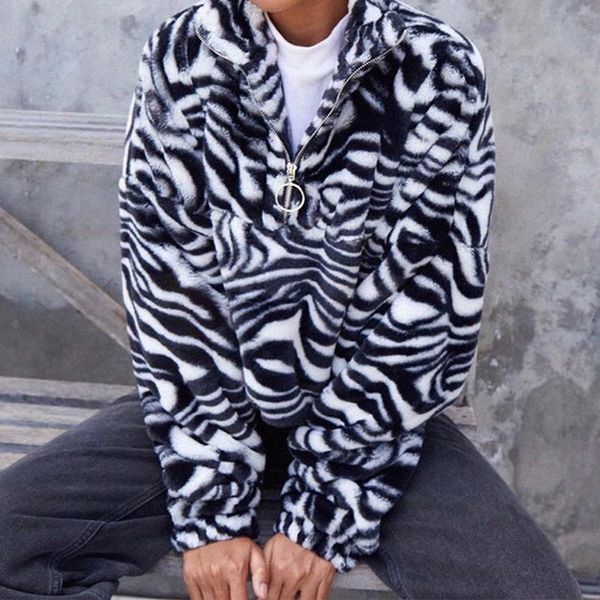 

women's hoodies & sweatshirts white zebra print long sleeve loose women coat zipper fleece streetwear stand collar female winter casua, Black