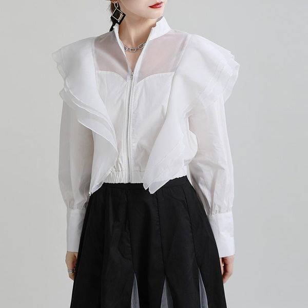 

women's jackets superaen 2021 autumn stand collar multi-layer ruffle long sleeve short coat women's splicing mesh design zipper wom, Black;brown