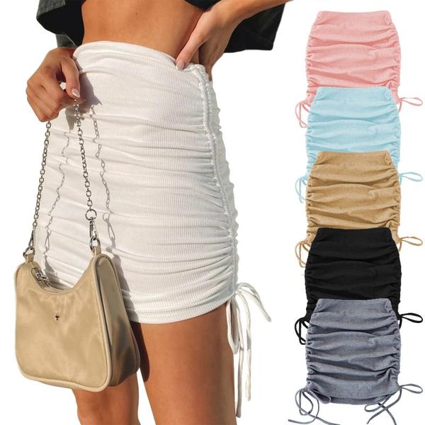 

skirts women fashion drawstring ruched skirt stylish solid color for ladies female trend s m l xl, Black
