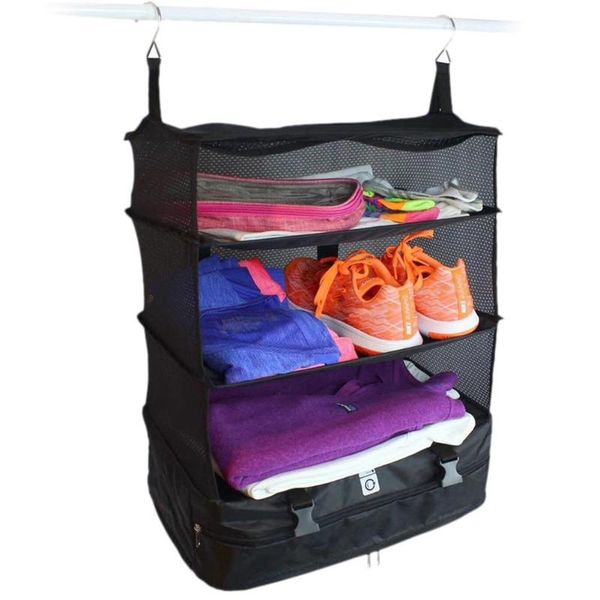 

3-layer storage hanging bag portable luggage suitcase clothes organizer travel shoes shelves rack boxes & bins