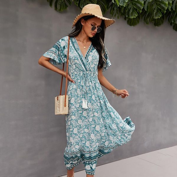 

summer yellow bohemian v neck womens dress long short sleeve floral print ladies tassel boho light midi party dresses, Black;gray