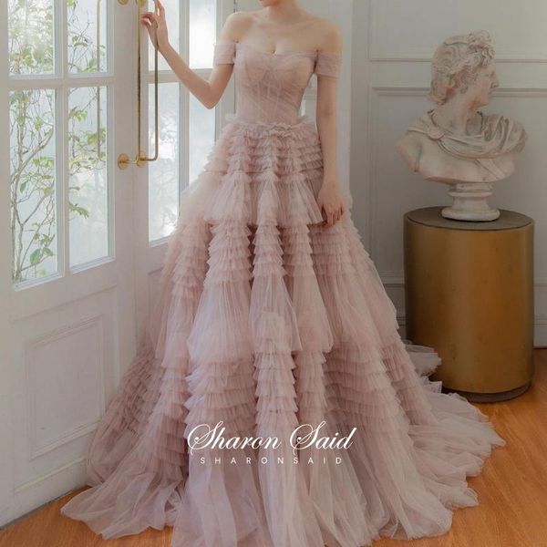 

party dresses blush pink off shoulder arabic evening dress 2021 tulle tiered puffy long dubai formal prom sweet 16 birthday gown, White;black