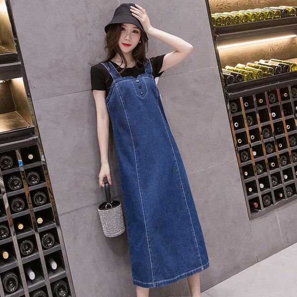 

large plus size denim sundress women casual vintage long jeans dress spaghetti strap dresses korean robe femme, Black;gray
