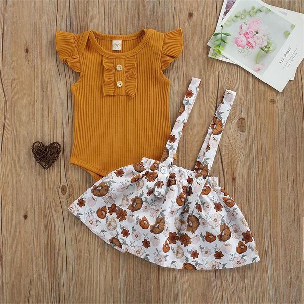

clothing sets born baby girls fashion 2pcs outfits set infants solid color short sleeve romper+floral suspender skirt for 0-24m girl, White