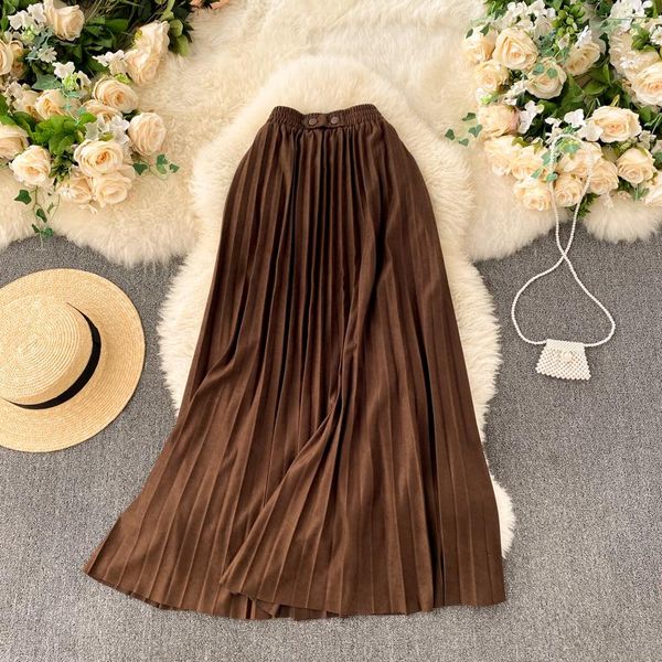

european american style retro autumn winter 2021 simple solid color elastic waist mid-length pleated skirt 104 skirts, Black