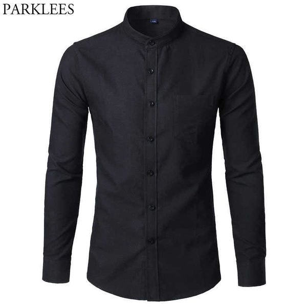

men's oxford slim fit dress shirt brand mandarin collar long sleeve chemise homme casual buisness office shirt with pocket black p0812, White;black