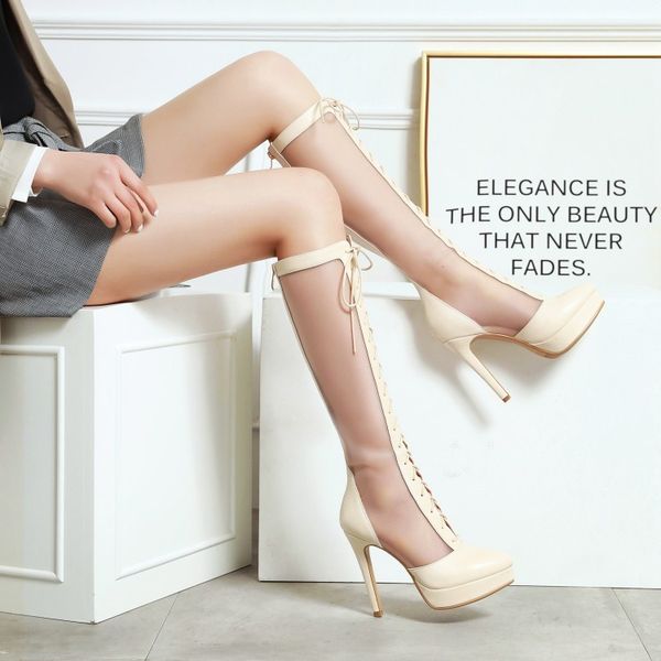 

spring net boots waterproof platform high heel cool women's big size 40-43 one foot sleeve sho, Black