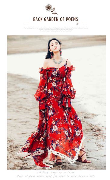 

a line bohemian holiday women spring red printed chiffon ball ruffles long v neck halter beach dress, Black;gray