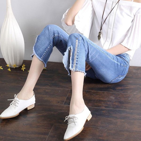 

women's jeans the female han edition thin section tassel nine points elastic burrs split micro flared trousers w1002, Blue