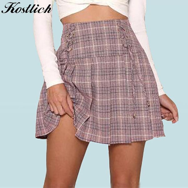 

skirts kostlich streetwear plaid vintage women casual skirt mini autumn winter waist lace up, Black
