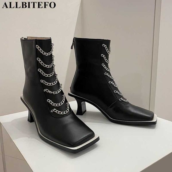 

allbitefo chain decoration natural genuine leather ankle boots waterproof fashion women boots motocycle boots high heel shoes 210611, Black