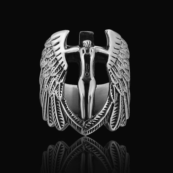 

cluster rings gothic fallen angel casting jesus stainless steel cross ring men punk retro wing jewelry gift size 7-13, Golden;silver