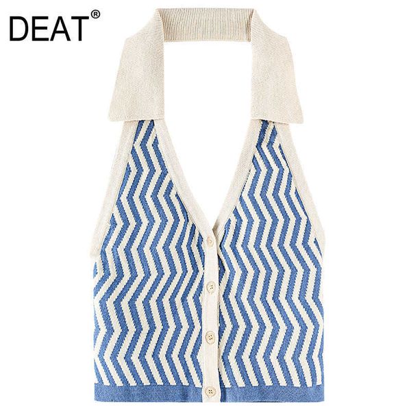 

[deat] women stripe color contrast halter single-breasted knitting tank fashion spring summer 13d087 210527, White