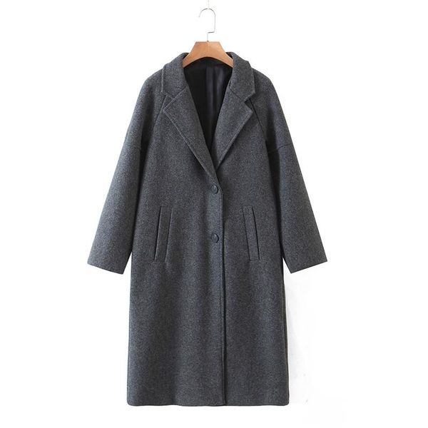 

women's wool & blends grey winter coat fashion elegant with buttons loose long sleeved pockets ladies windbreaker thick jacket, Black