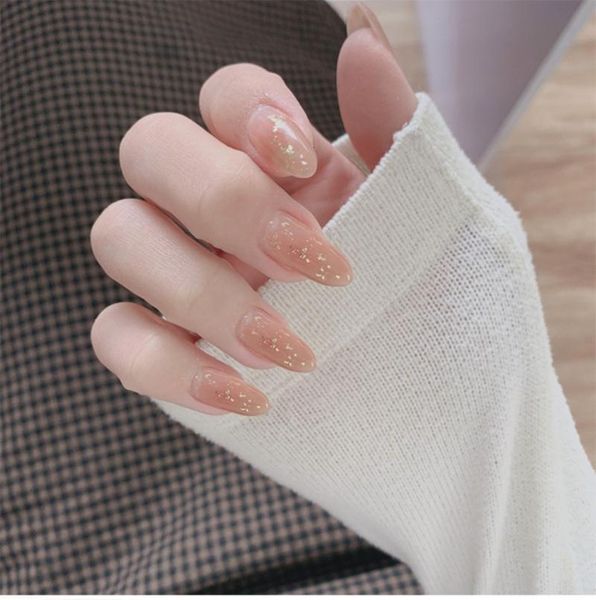 

false nails 24pcs removablel nail powder aurora french tips press on fake pointed extension, Red;gold