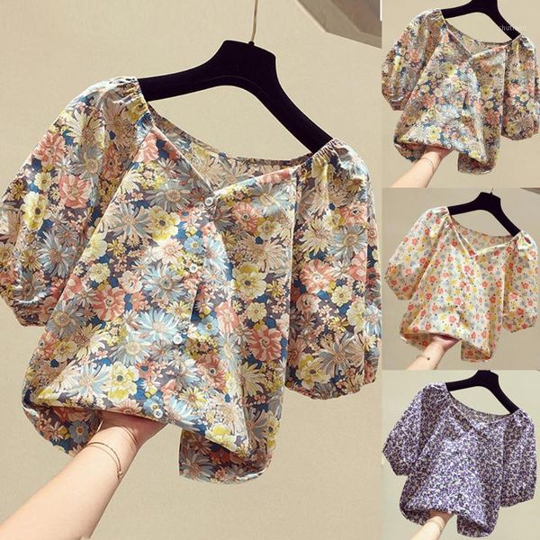 

fashion womens blouses button short sleeve square collar flower printed puff ladies summer blouse 7.25 women's & shirts, White