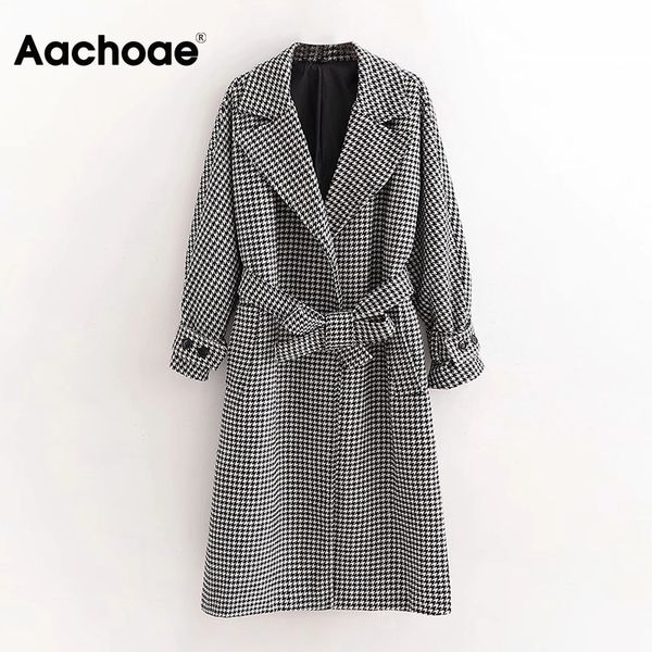 

vintage houndstooth long coat women batwing sleeve loose elegant wool coat straight plaid bandage overcoat abrigo mujer, Black;white
