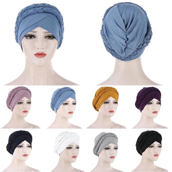 

beanie/skull caps muslim dress temperament baotou cap solid color braid twist hat women stylish beautiful turban elegant, Blue;gray
