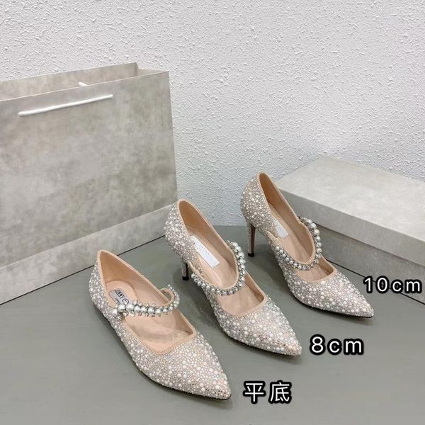 

women shoe 2021 diamond wedding shoes chain pearl high heel thin tip sandals, Black