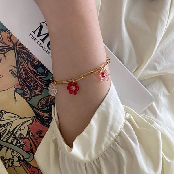

charm bracelets korean cute personality sweet color braided crystal flower drop gold chain metal bracelet for women girls jewelry gifts, Golden;silver