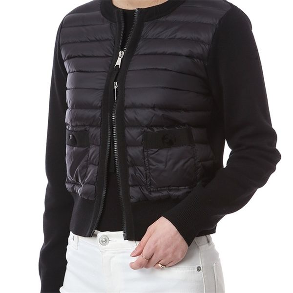 

104170 light knit down jacket women autumn winter jacket ladies long sleeve patchwork knitted zipper down jacket black white m4 220114, Black;brown