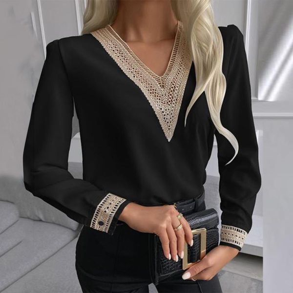 

women's blouses & shirts elegant blouse women's solid color lace patchwork v-neck long sleeve casual ladies vintage, White