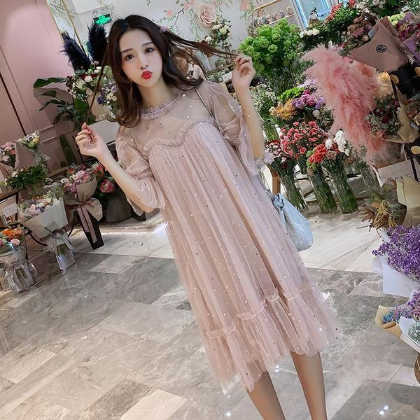 

maternity dresses fairy sequined gown pregnant women's loose mesh clothes pregnancy dress, White