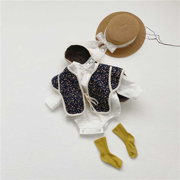 

spring autumn baby girls clothing suit boutique kids vintage floral waistcoat shawl coat+white shirt clothes romper girl gifts p0831