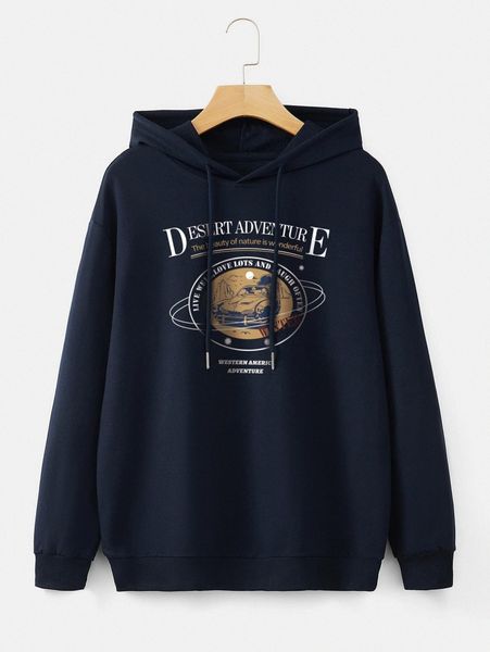 

men car & slogan graphic drop shoulder drawstring hoodie t4yt#, Black