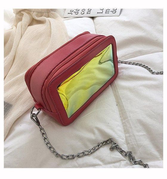 

summer women's stitching small square bag fashion transparent pu girl chain messenger shoulder bags