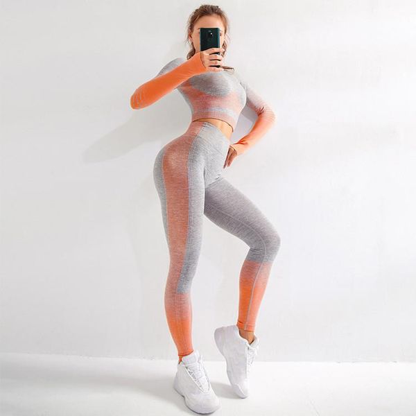 

yoga outfit women vital seamless set gym clothing fitness leggings+cropped shirts sport suit long sleeve tracksuit active wear