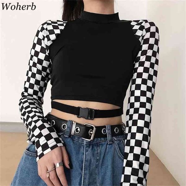 

korean harajuku cro t shirt women plaid checkerboard contrast color t-shirt fashion streetwear slim patch tees 210519, White