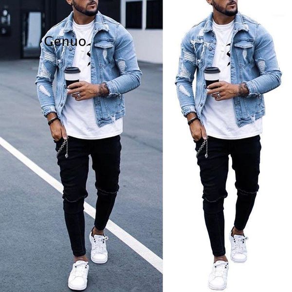 

short denim jacket men fashion button up coat streetwear hole ripped jean hip motorcycle pockets men's jackets, Black;brown